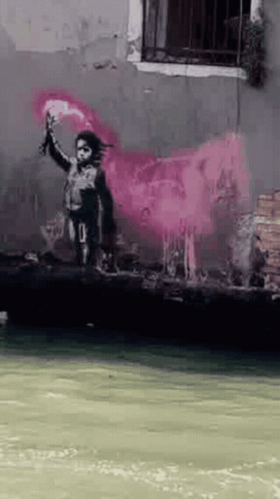 A Painting Of A Girl Holding A Torch On A Wall Next To A River . GIF
