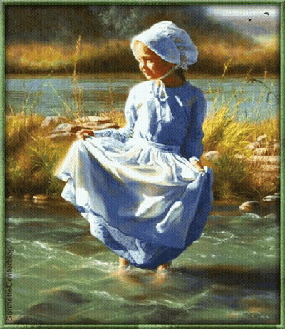 A Painting Of A Girl In A Blue Dress Standing In A Stream GIF