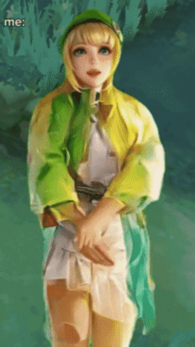 A Painting Of A Girl In A Yellow And Green Outfit GIF