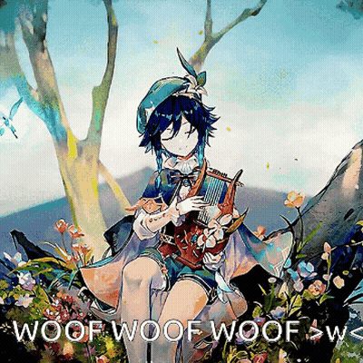 A Painting Of A Girl Playing A Harp With The Words Woof Woof Woof > W < Underneath Her GIF