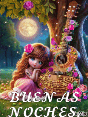 A Painting Of A Girl Sitting Next To A Guitar With The Words Buenas Noches In The Bottom Right Corner GIF
