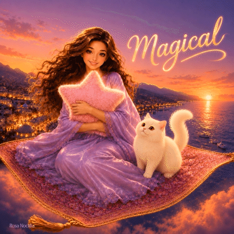 A Painting Of A Girl Sitting On A Flying Carpet With A Cat And The Word Magical Written Above Her GIF