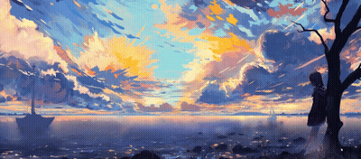 A Painting Of A Girl Standing Next To A Tree Overlooking The Ocean GIF