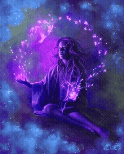 A Painting Of A Girl Surrounded By Purple Lights With The Name Dizzy On The Bottom Right GIF