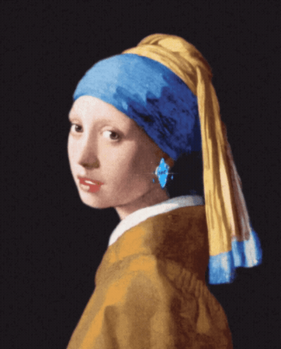 A Painting Of A Girl With A Blue Earring On Her Ear GIF