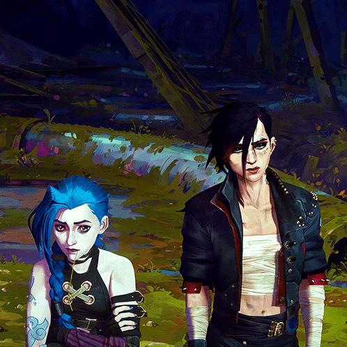 A Painting Of A Girl With Blue Hair And A Man With Black Hair GIF