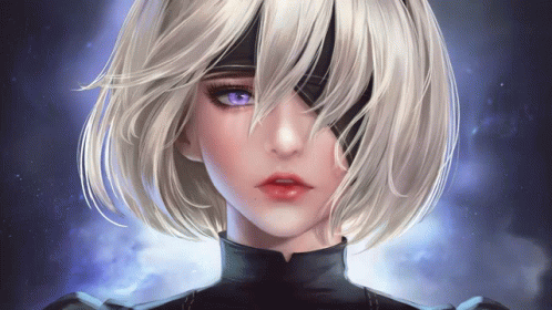 A Painting Of A Girl With Short Hair And Blue Eyes GIF
