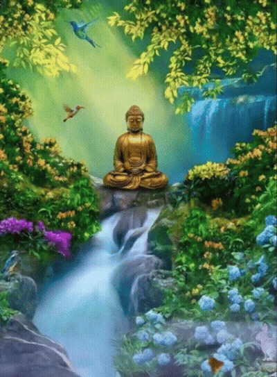 A Painting Of A Golden Buddha Sitting On A Rock Near A Waterfall GIF