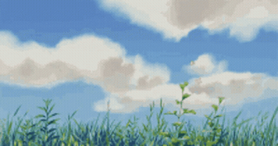 A Painting Of A Grassy Field With A Blue Sky And Clouds GIF