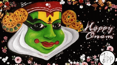 A Painting Of A Green Mask On A Black Background With The Words `` Happy Onam '' Written On It . GIF