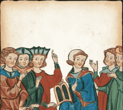 A Painting Of A Group Of People Including A Man Holding A Book GIF