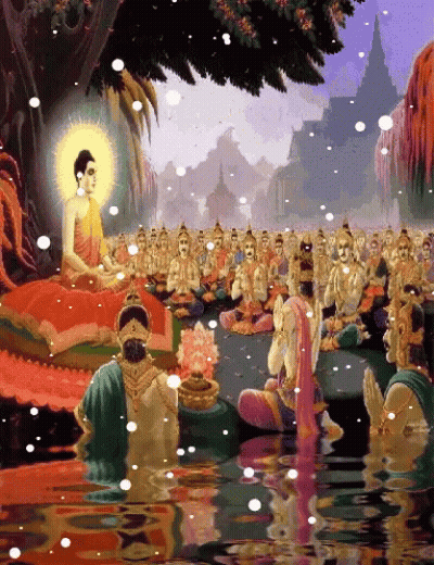 A Painting Of A Group Of People Praying In A River GIF
