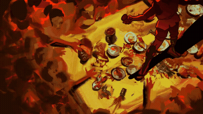A Painting Of A Group Of People Standing Around A Table With Plates Of Food On It GIF