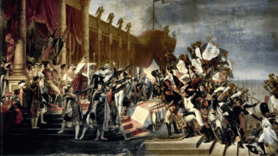 A Painting Of A Group Of Soldiers With Flags And A Ship In The Background GIF