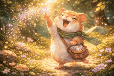 A Painting Of A Hamster In A Field Of Flowers Holding A Butterfly GIF