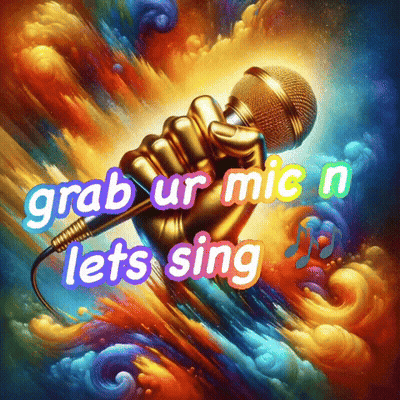 A Painting Of A Hand Holding A Microphone With The Words Grab Ur Mic N Let 'S Sing Below It GIF