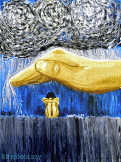 A Painting Of A Hand Holding A Person With The Word Strejdobrazy Written Below It GIF