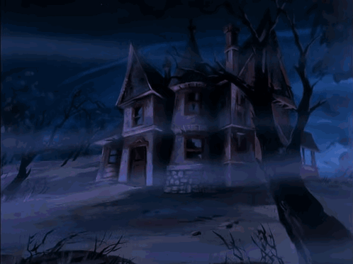 A Painting Of A Haunted House At Night GIF