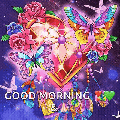 A Painting Of A Heart With Butterflies And Flowers And The Words Good Morning GIF