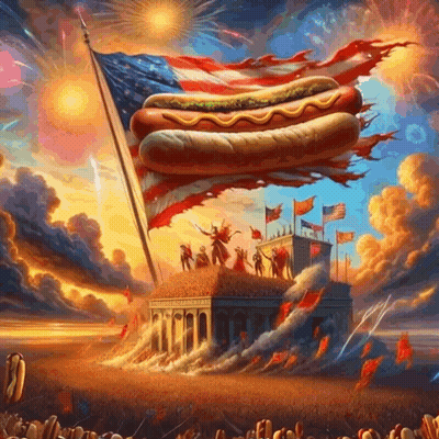 A Painting Of A Hot Dog With Mustard On It Flying Over The Capitol Building GIF