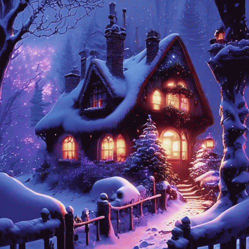 A Painting Of A House Covered In Snow With Lights On The Windows GIF