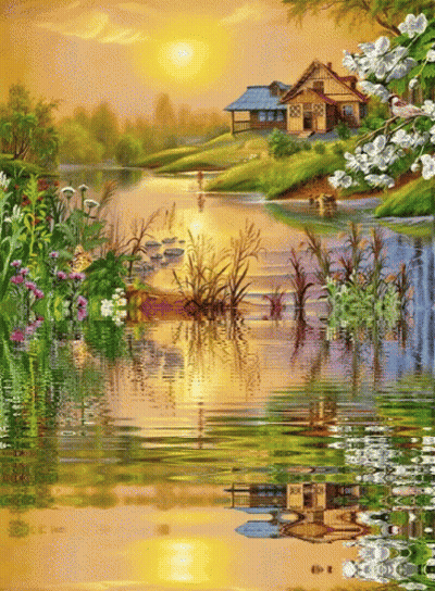 A Painting Of A House On A Hill By A River GIF