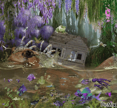 A Painting Of A House Surrounded By Purple Flowers And Fish With A Picmix Watermark GIF