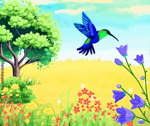 A Painting Of A Hummingbird Flying Over A Field Of Flowers With A Tree In The Background GIF
