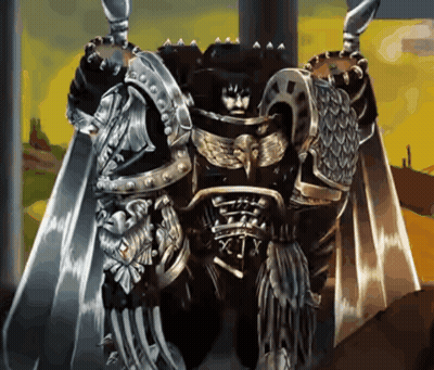 A Painting Of A Knight With A Sword And A Cape With The Letters X And Y On It GIF