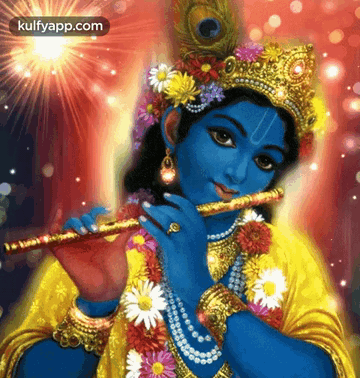 A Painting Of A Krishna Playing A Flute With The Website Kulfyapp.com In The Corner GIF
