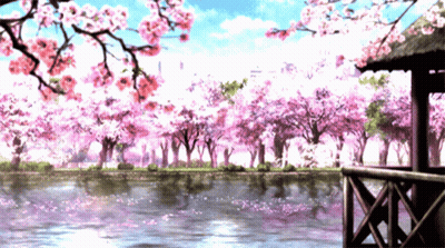 A Painting Of A Lake Surrounded By Cherry Blossoms GIF