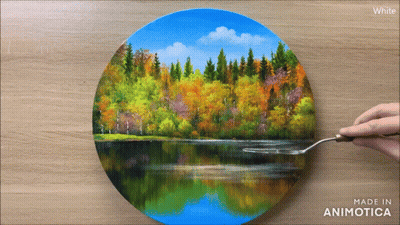 A Painting Of A Lake With Trees In The Background Is Made In Animatica GIF