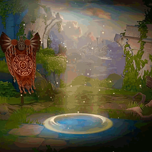 A Painting Of A Landscape With A Banner With A Circle On It GIF