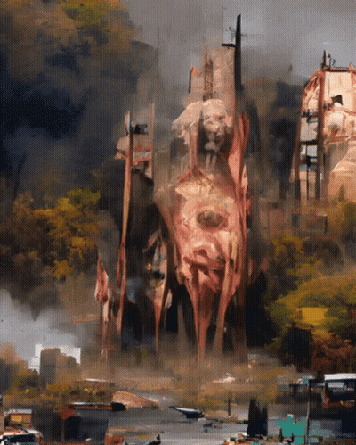 A Painting Of A Landscape With A Statue In The Middle GIF