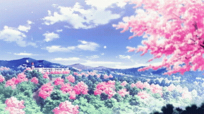 A Painting Of A Landscape With Pink Flowers In The Foreground And Mountains In The Background GIF