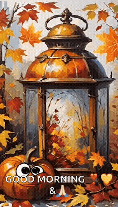A Painting Of A Lantern Surrounded By Autumn Leaves And Pumpkins With Googly Eyes . GIF