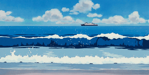Painting Of Water With Ship In Distance GIF