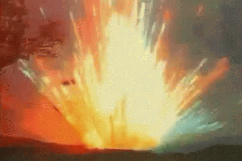 A Painting Of A Large Explosion With A Lot Of Fire Coming Out Of It GIF
