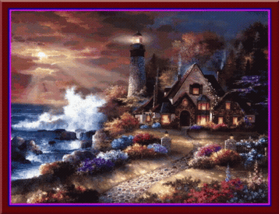 A Painting Of A Lighthouse And A House On The Coast GIF