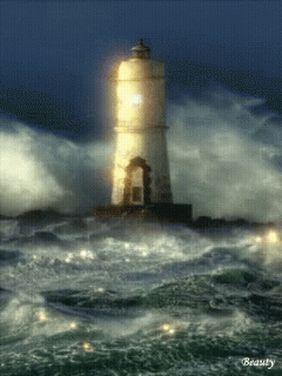 A Painting Of A Lighthouse In The Middle Of The Ocean Has The Word Beauty On The Bottom Right GIF