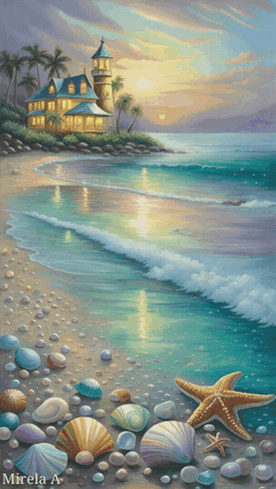 A Painting Of A Lighthouse On A Beach With Seashells And Starfish GIF