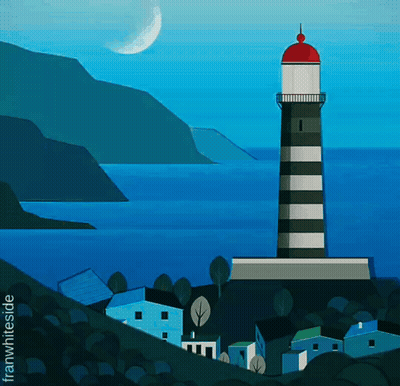A Painting Of A Lighthouse With The Name Franwhites On The Bottom Right GIF
