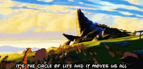 A Painting Of A Lion King Scene With The Words " It 'S The Circle Of Life And It Moves Us All " Below GIF