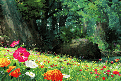 A Painting Of A Lush Green Forest With Flowers And Trees GIF