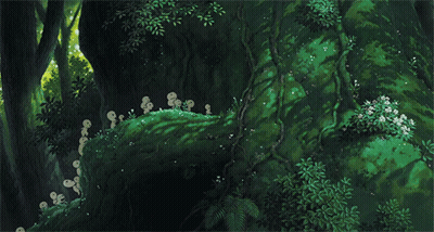 A Painting Of A Lush Green Forest With Mushrooms GIF