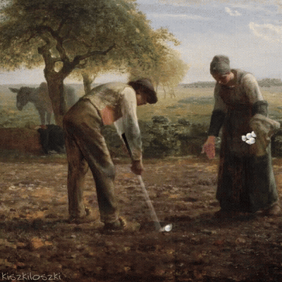 A Painting Of A Man And A Woman In A Field With The Name Kiszkiloszki On The Bottom Right GIF