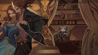 A Painting Of A Man And A Woman In A Room With A Curtain GIF