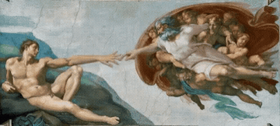 A Painting Of A Man And A Woman Reaching Out To Each Other GIF