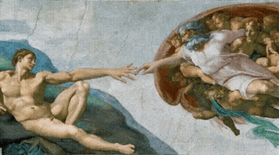 A Painting Of A Man And A Woman Reaching Out To Each Other GIF
