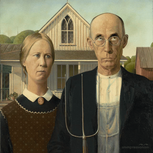 A Painting Of A Man And A Woman Standing Next To Each Other With A Fork In Front Of A House GIF